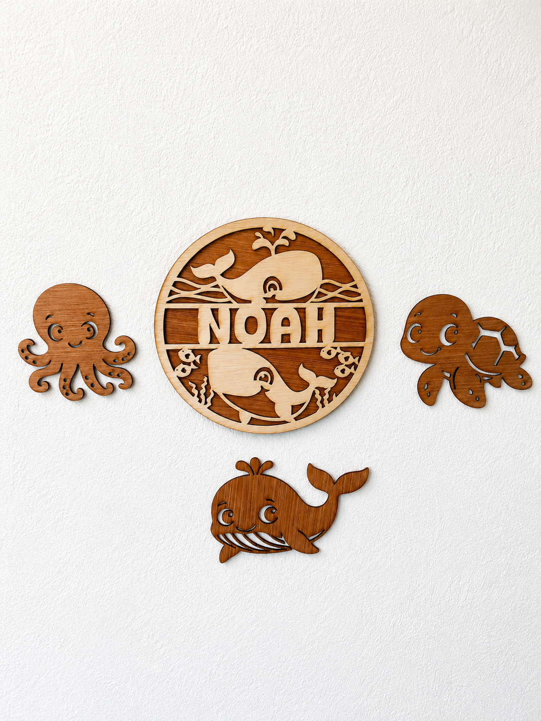 Gepersonaliseerd houten naambord set walvissen | Muurdecoratie met oceaanmotief
