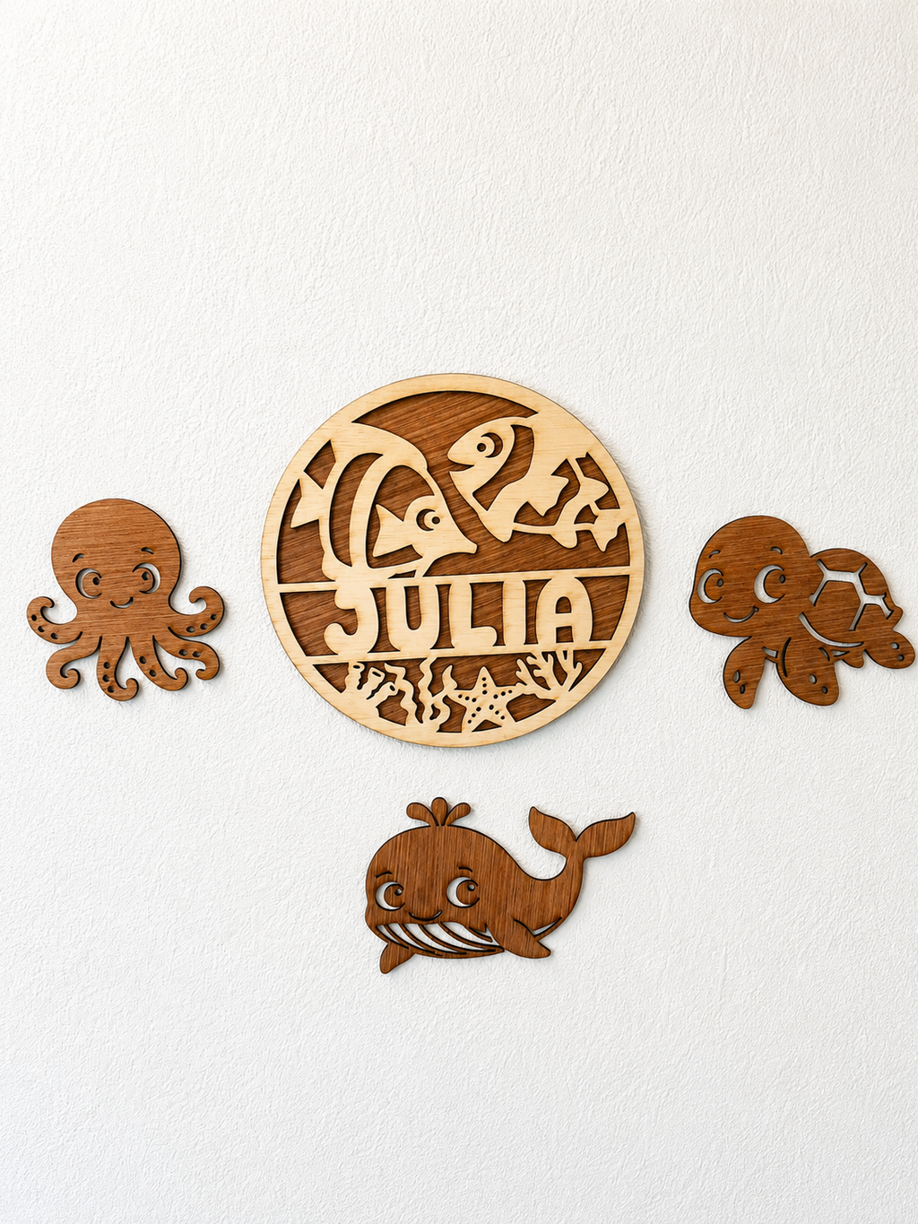 Gepersonaliseerd houten naambord set vissen | Muurdecoratie met oceaanmotief