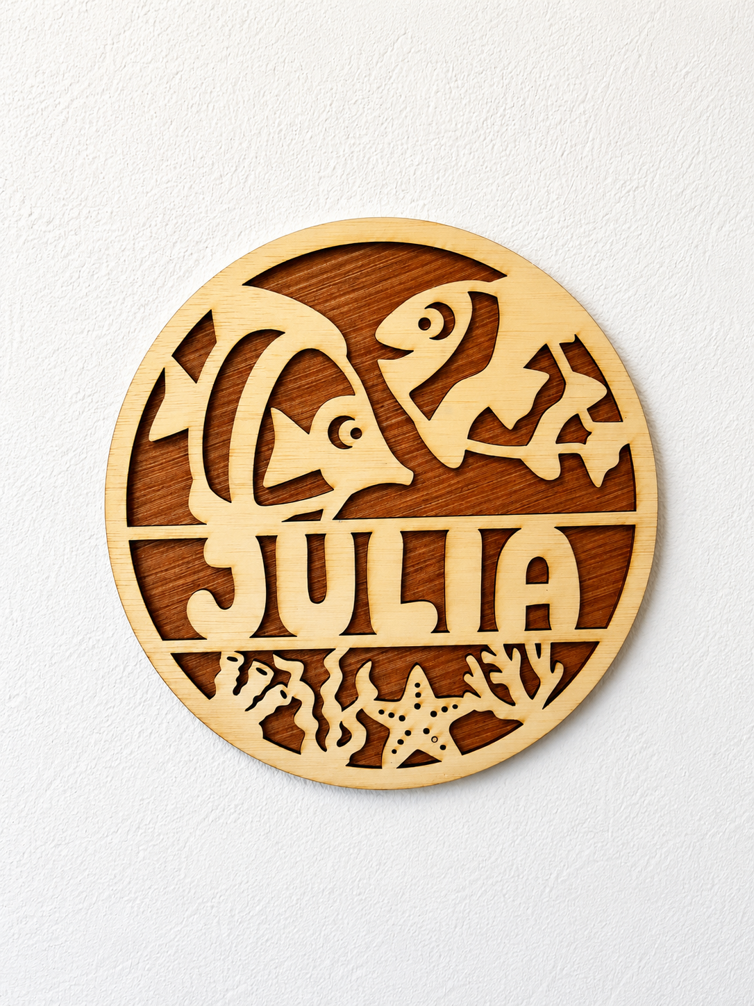Gepersonaliseerd houten naambord set vissen | Muurdecoratie met oceaanmotief