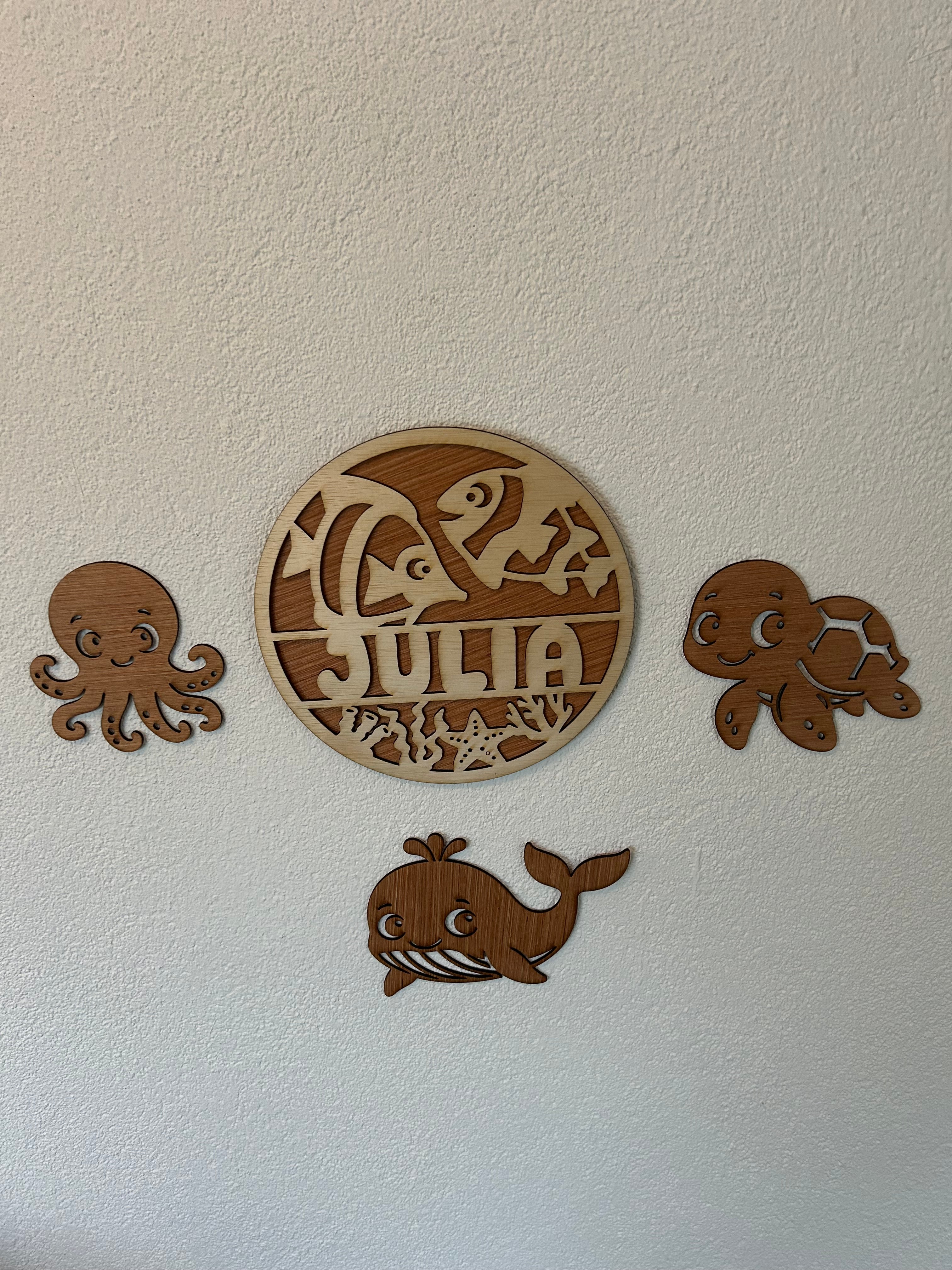 Gepersonaliseerd houten naambord set vissen | Muurdecoratie met oceaanmotief