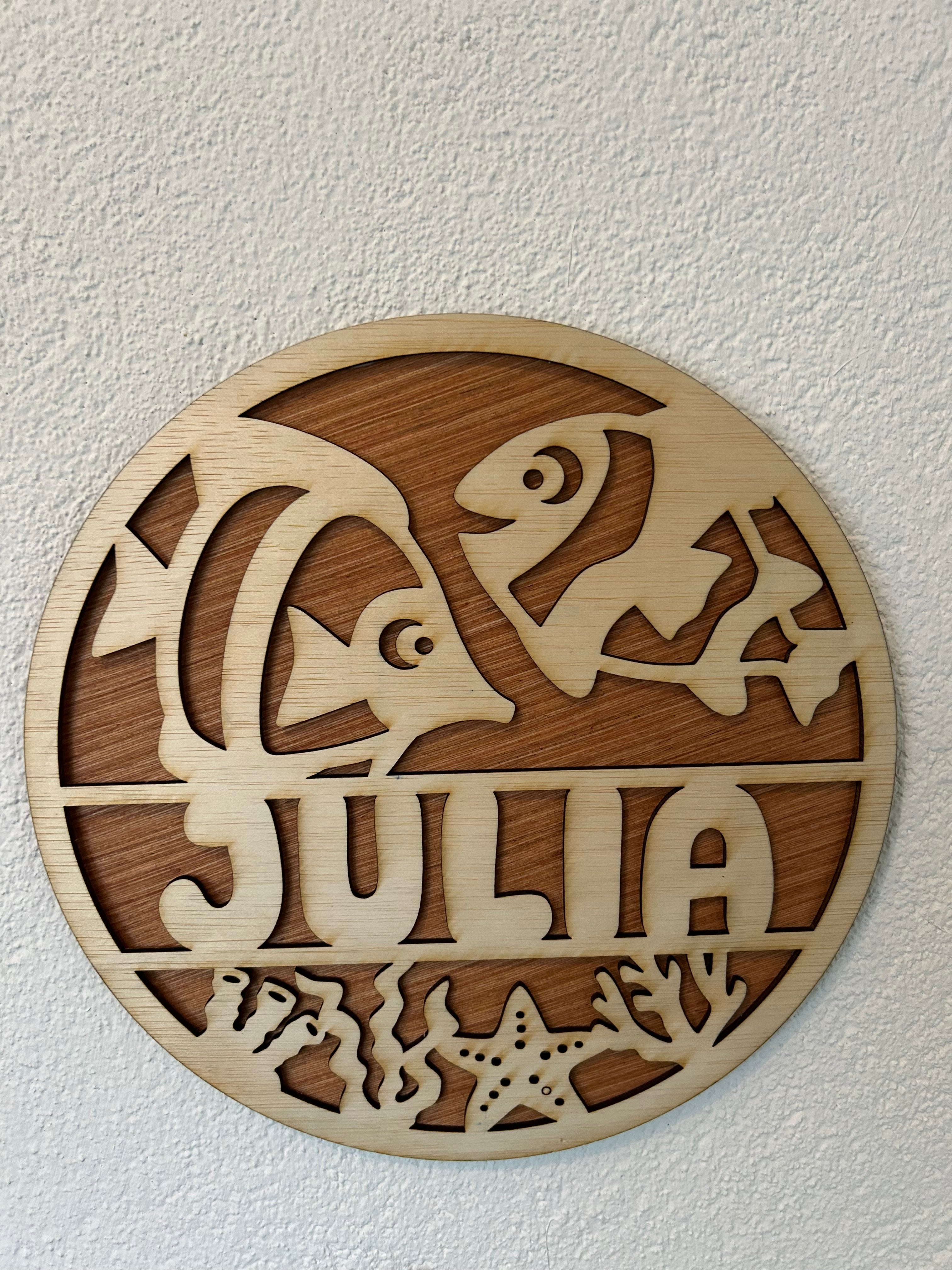 Gepersonaliseerd houten naambord set vissen | Muurdecoratie met oceaanmotief
