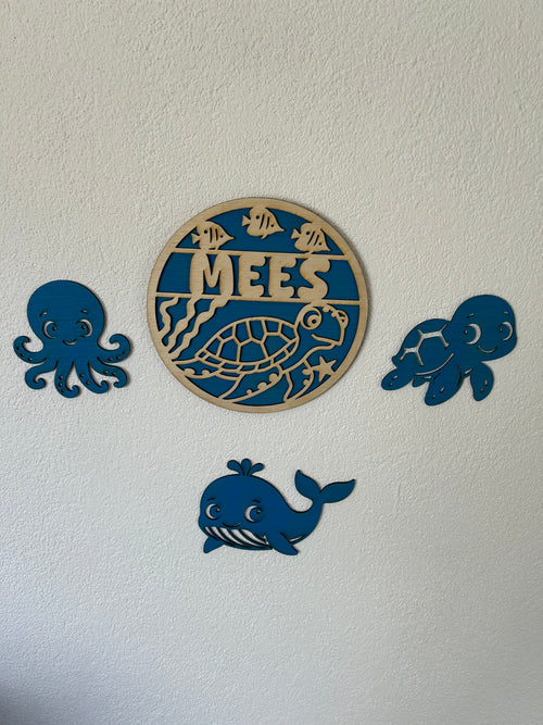 Gepersonaliseerd houten naambord set schidpad | Muurdecoratie met oceaanmotief