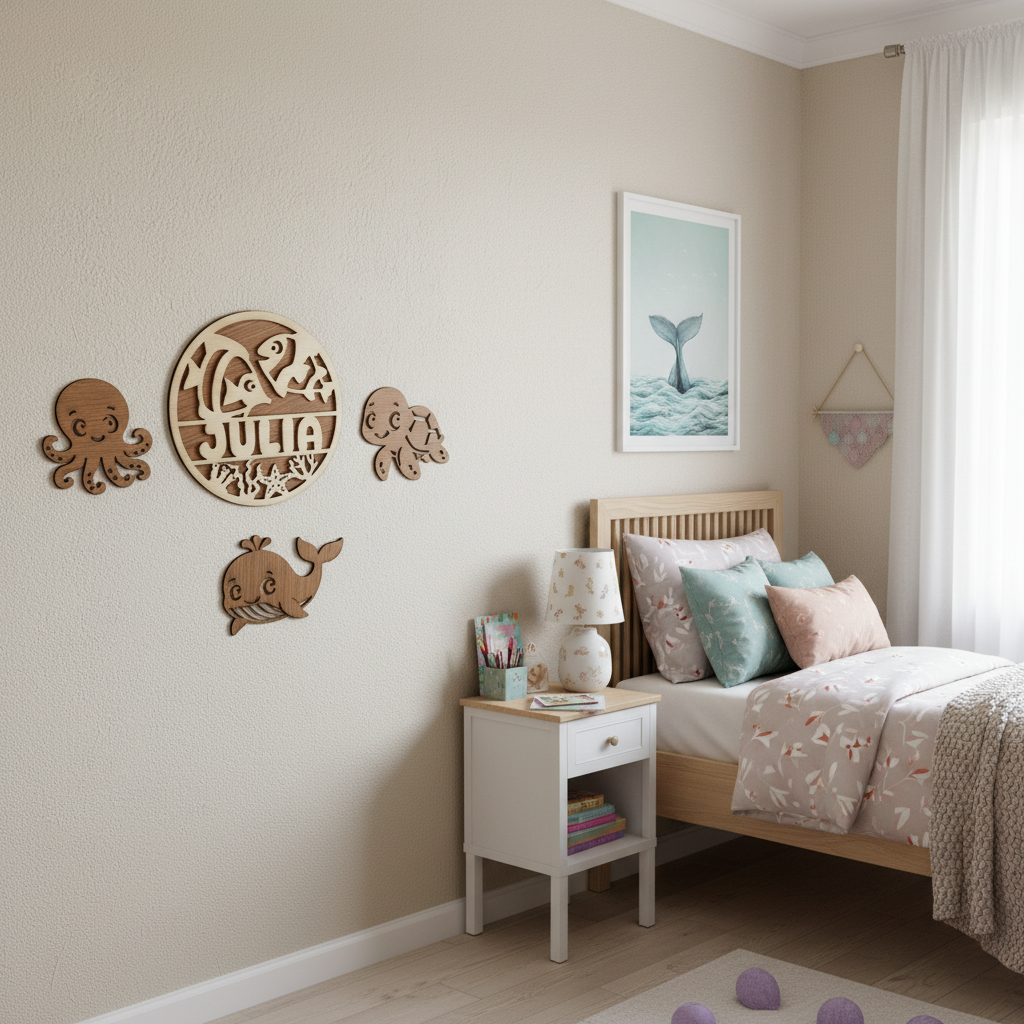 Gepersonaliseerd houten naambord set vissen | Muurdecoratie met oceaanmotief
