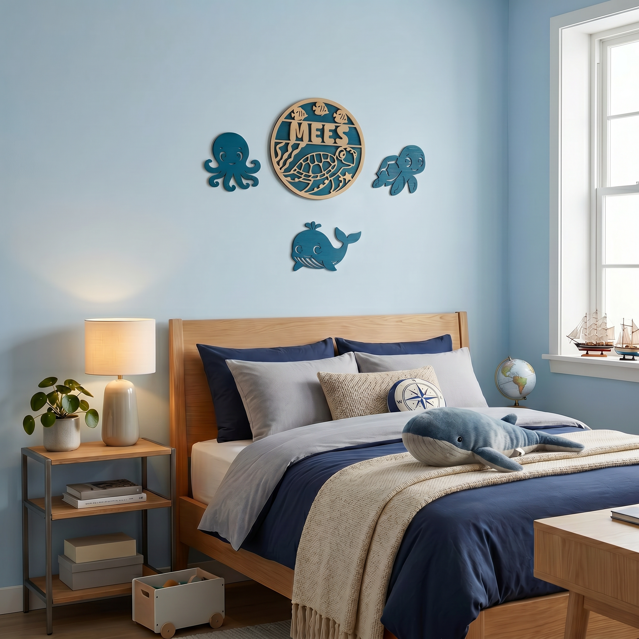 Gepersonaliseerd houten naambord set schidpad | Muurdecoratie met oceaanmotief