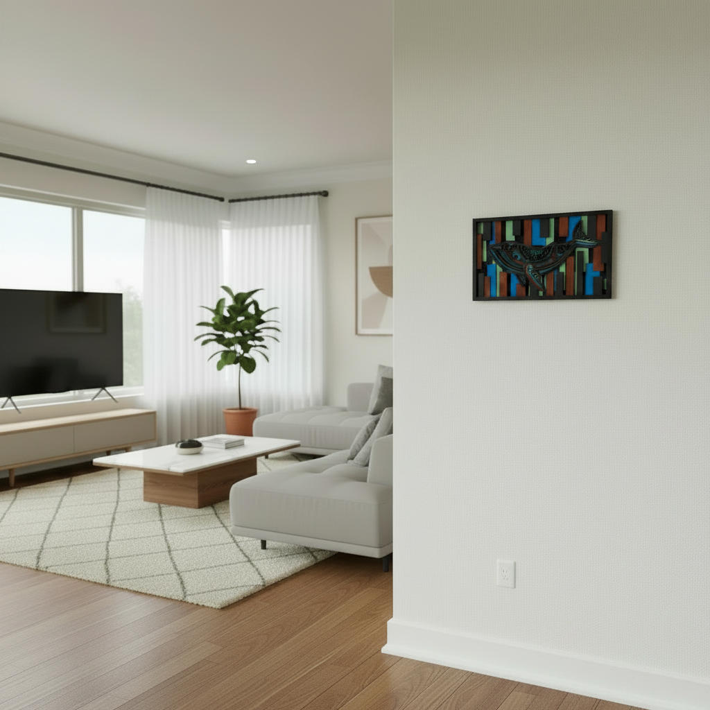 Houten walvis wanddecoratie – Moderne wandsculptuur