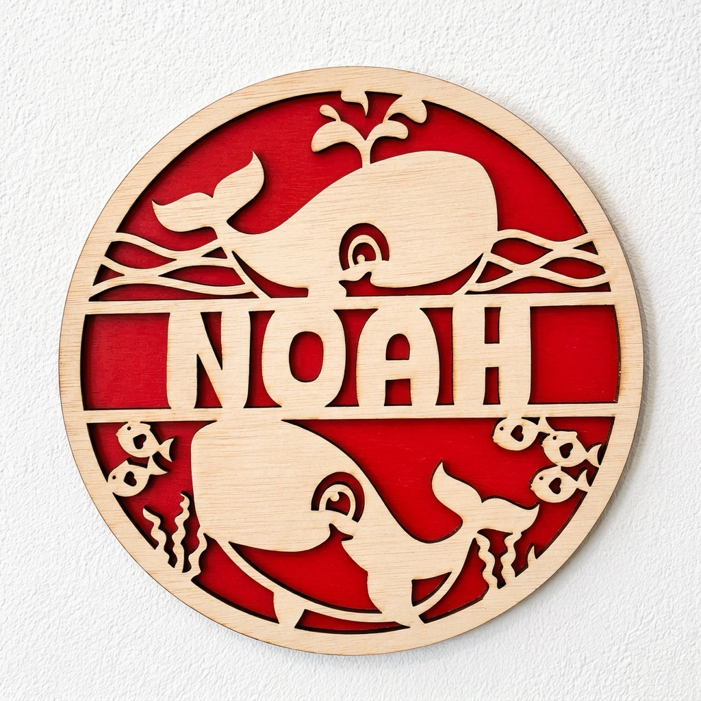 Gepersonaliseerd houten naambord set walvissen | Muurdecoratie met oceaanmotief