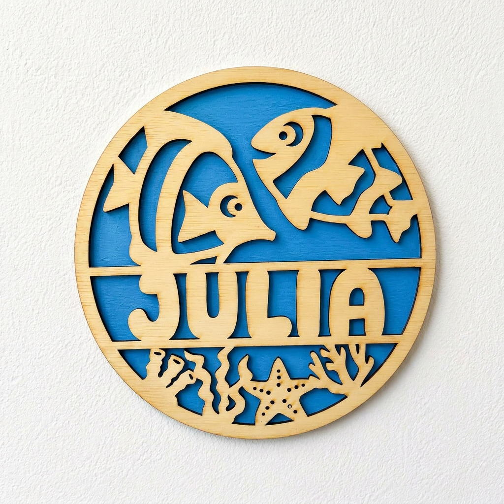 Gepersonaliseerd houten naambord set vissen | Muurdecoratie met oceaanmotief